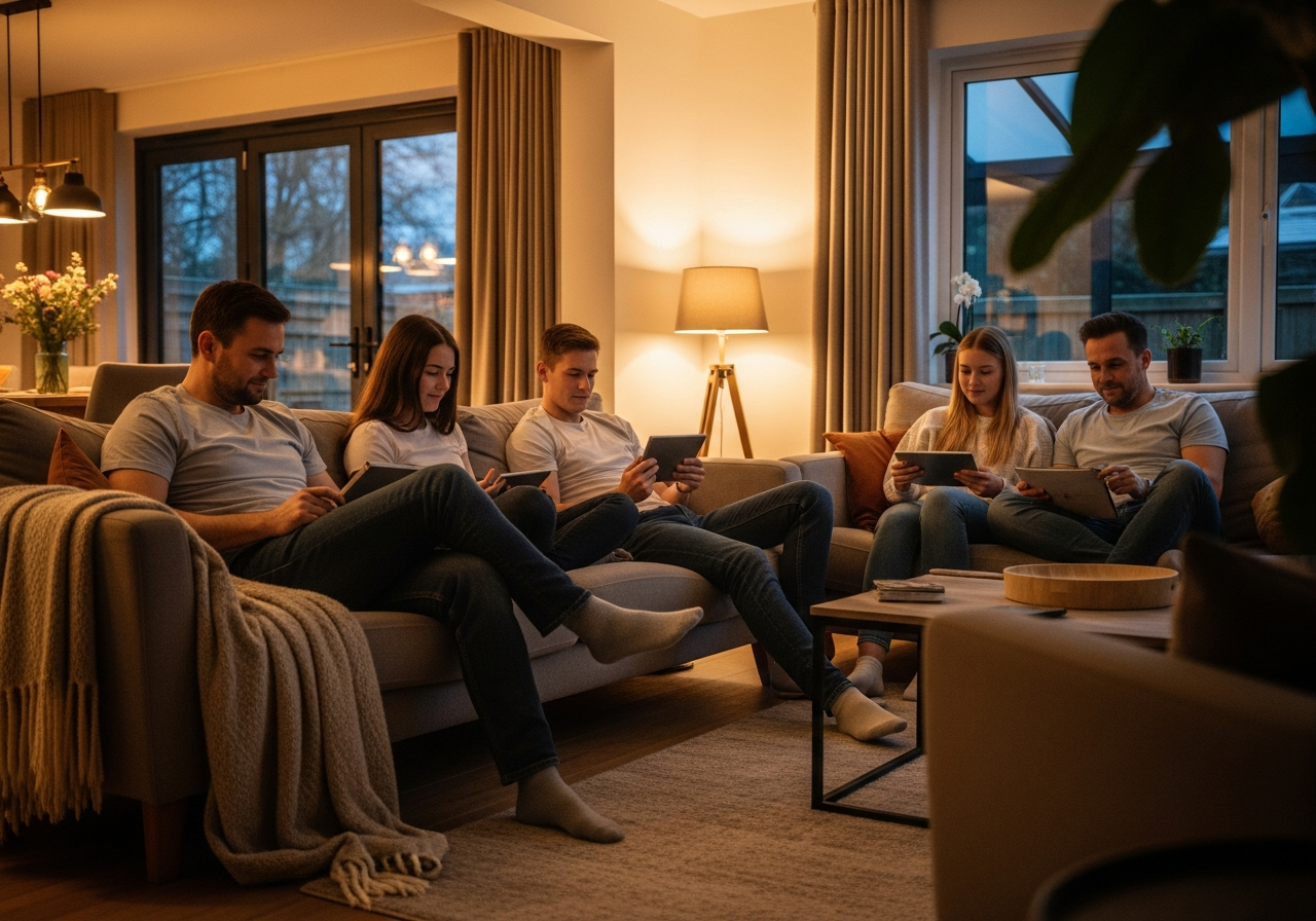 Family relaxing comfortably in a well-maintained British home — the result of professional contractor work